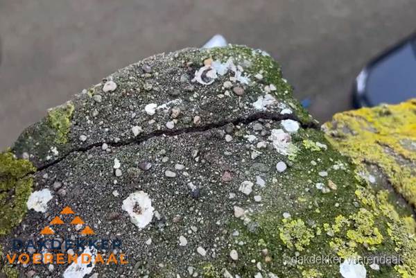Beschadigde en verweerde nokvorst met scheuren en mos in Voerendaal Beschadigde en verweerde nokvorst met scheuren en mos in Voerendaal